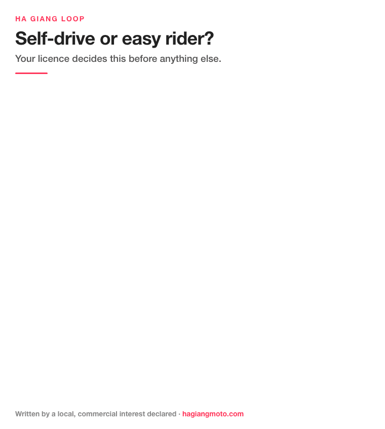 Flowchart. Question one: is your licence valid for the bike you'll ride, A1 up to 125cc or A above 125cc? If no, take an easy rider, because self-drive likely puts you outside your own policy. If yes, question two: have you ridden a manual bike on mountain roads? If no, take an easy rider for day one and agree the switch in writing before you book. If yes, question three: are there two of you sharing one bike? If no, self-drive solo inside a guided group. If yes, self-drive, which is the cheaper split between two and the better trip.
