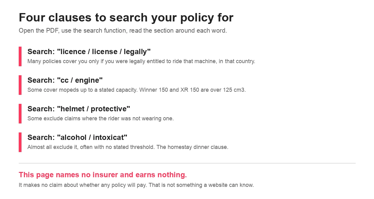 Diagram listing four clauses to search a travel insurance policy for: licence, engine size, helmet and alcohol, with what each one typically excludes